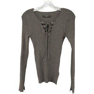Allsaints Tamsin Jumper Top Gray Lace Up Rib Knit Size L Stretch Long Sleeve